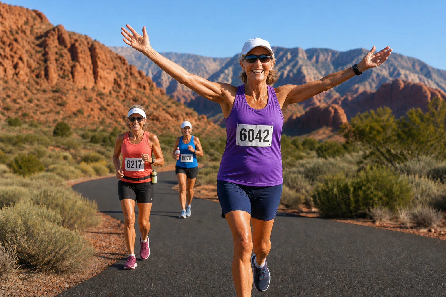 Three senior women in professional running gear competing in a road race through the red-rock landscape of Southern Utah