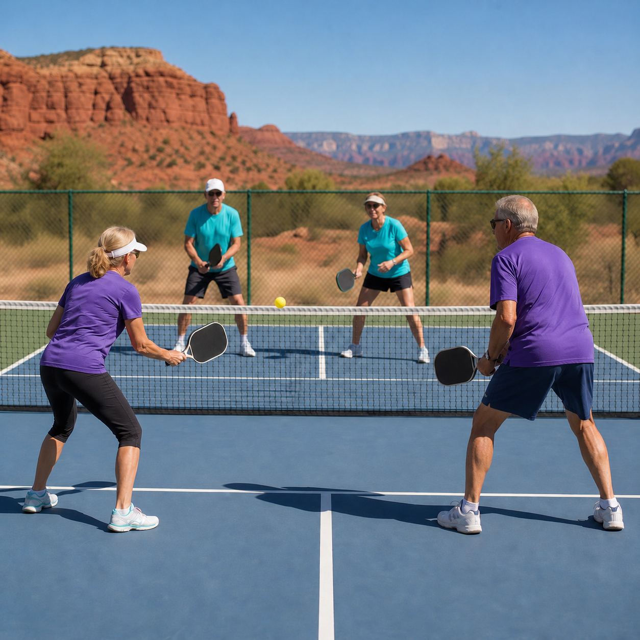 Two senior pickleball doubles teams in matching jerseys playing across the net in Southern Utah
